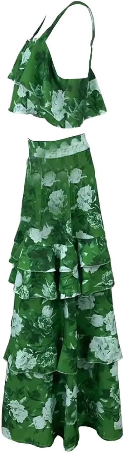 Women's Summer 2 Piece Outfits Floral Print Strap Crop Tops Tiered Ruffle Skirt Sets Boho Beach Maxi Long Dress