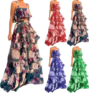 Women's Summer 2 Piece Outfits Floral Print Strap Crop Tops Tiered Ruffle Skirt Sets Boho Beach Maxi Long Dress
