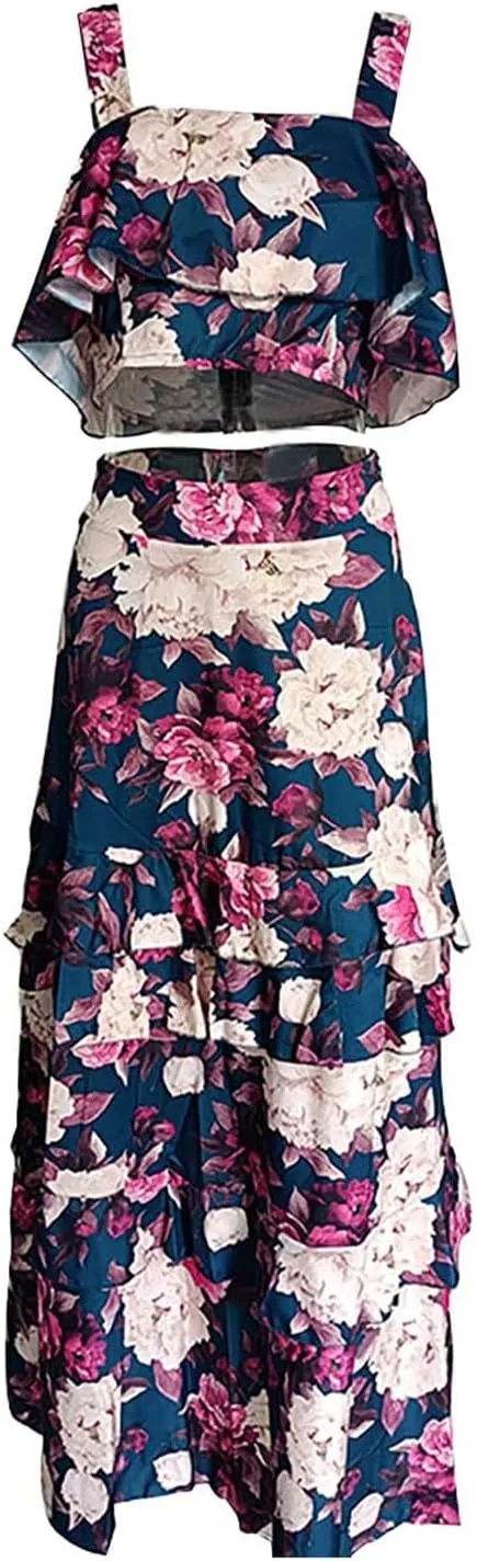 Women's Summer 2 Piece Outfits Floral Print Strap Crop Tops Tiered Ruffle Skirt Sets Boho Beach Maxi Long Dress