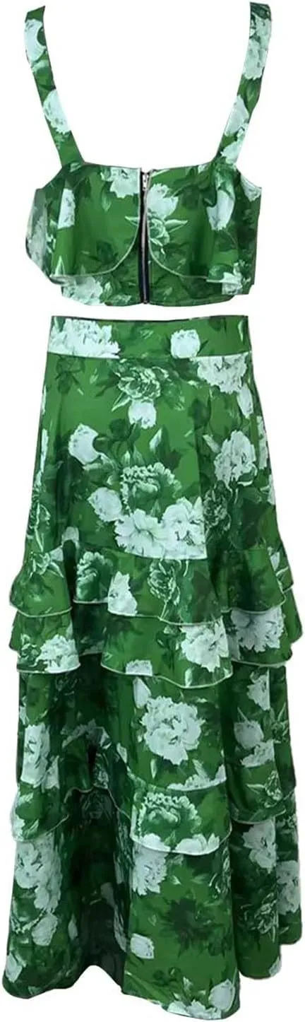 Women's Summer 2 Piece Outfits Floral Print Strap Crop Tops Tiered Ruffle Skirt Sets Boho Beach Maxi Long Dress