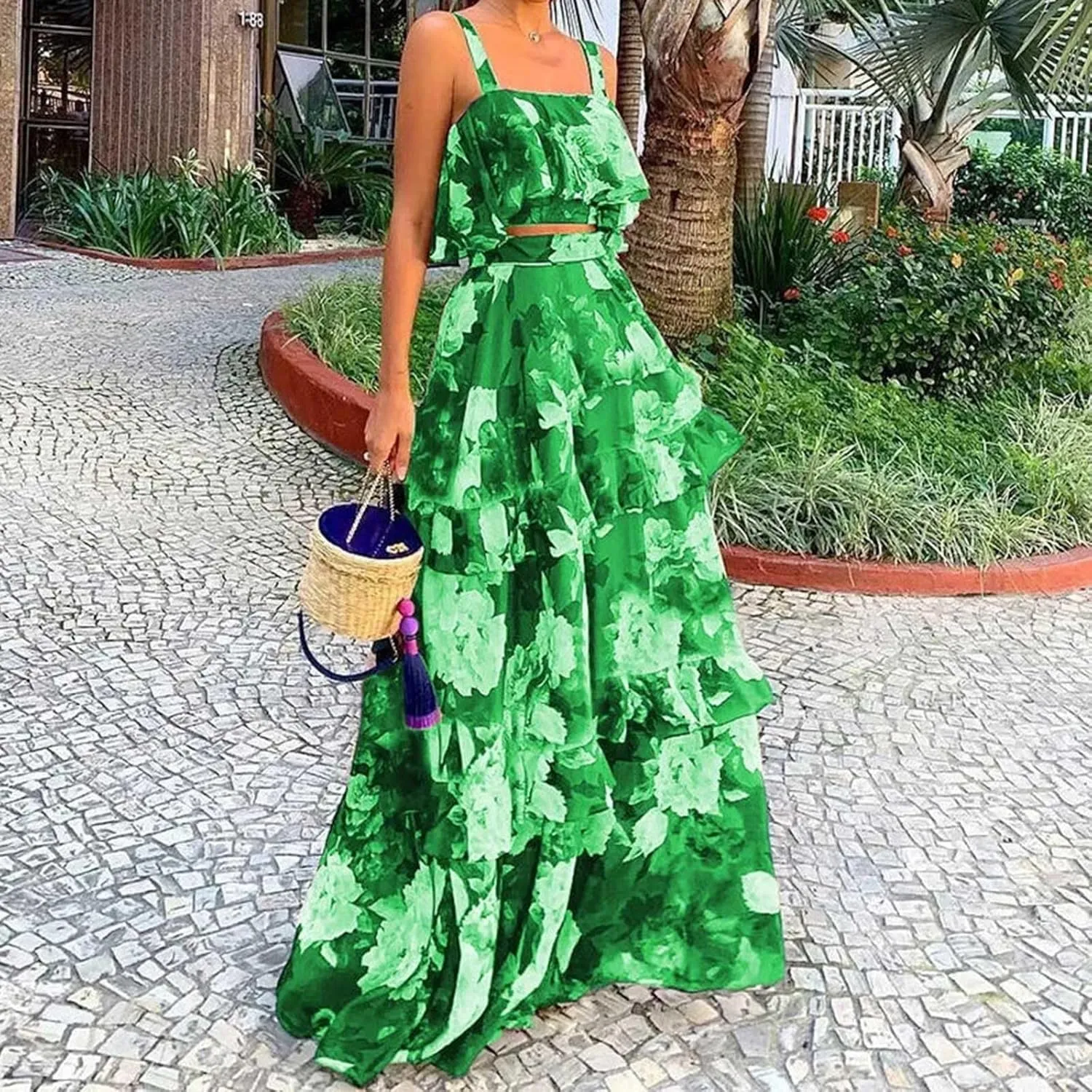 Women's Summer 2 Piece Outfits Floral Print Strap Crop Tops Tiered Ruffle Skirt Sets Boho Beach Maxi Long Dress