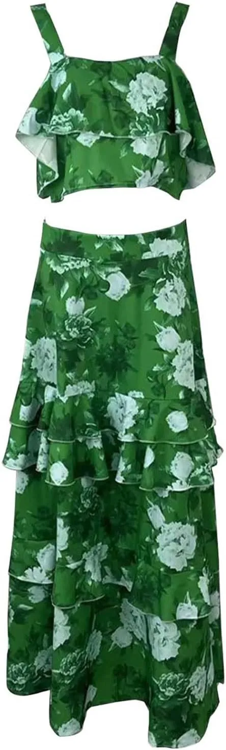 Women's Summer 2 Piece Outfits Floral Print Strap Crop Tops Tiered Ruffle Skirt Sets Boho Beach Maxi Long Dress