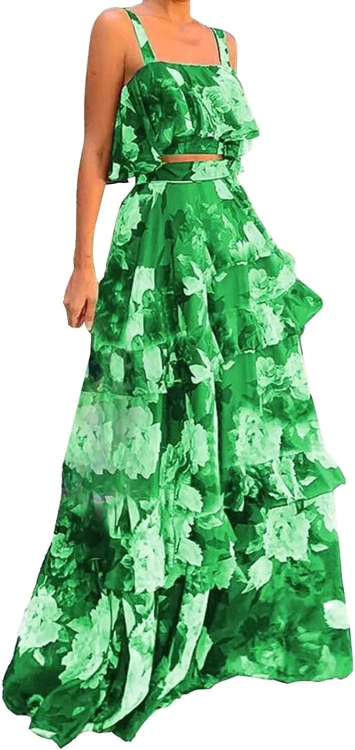 Women's Summer 2 Piece Outfits Floral Print Strap Crop Tops Tiered Ruffle Skirt Sets Boho Beach Maxi Long Dress