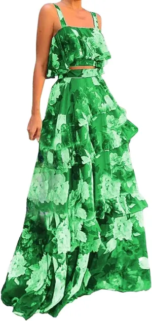 Women's Summer 2 Piece Outfits Floral Print Strap Crop Tops Tiered Ruffle Skirt Sets Boho Beach Maxi Long Dress