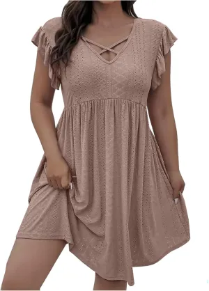 Womens Summer Beach Vacation Dress Ruffle Sleeve Tunic Swing Dresses Solid Color Loose Fit Travel Sundress