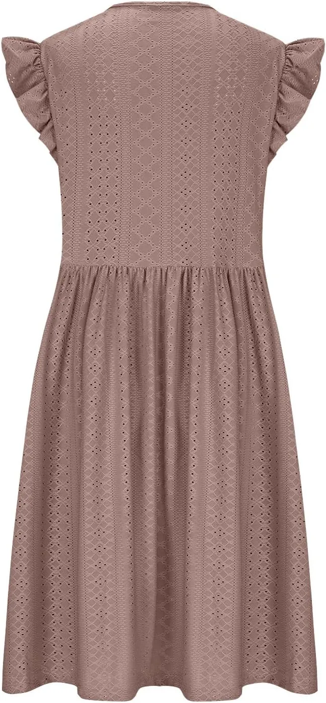 Womens Summer Beach Vacation Dress Ruffle Sleeve Tunic Swing Dresses Solid Color Loose Fit Travel Sundress
