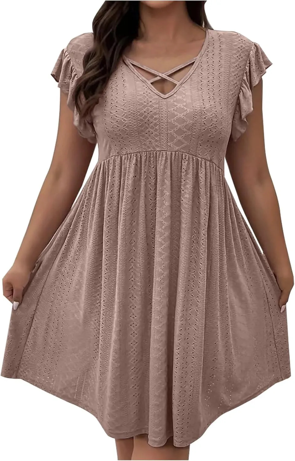 Womens Summer Beach Vacation Dress Ruffle Sleeve Tunic Swing Dresses Solid Color Loose Fit Travel Sundress