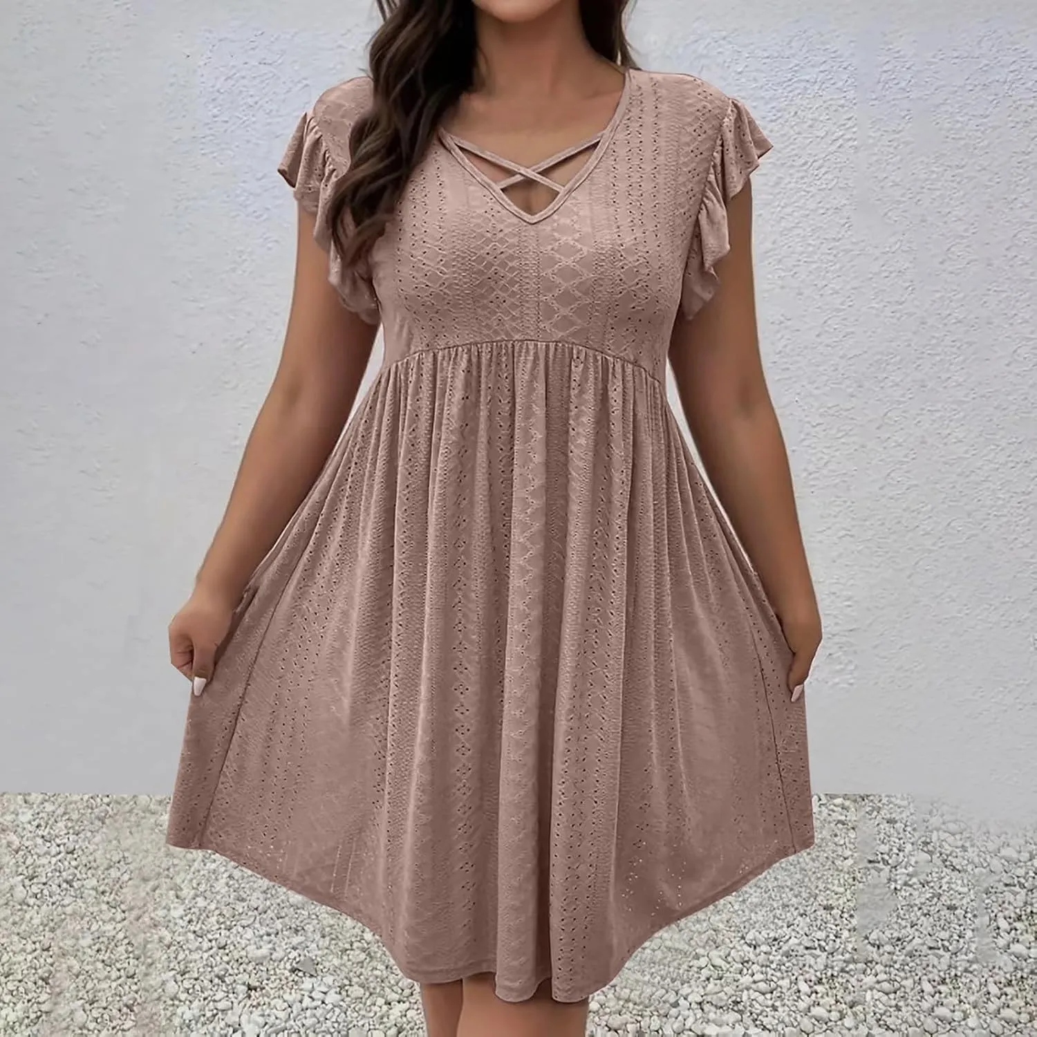 Womens Summer Beach Vacation Dress Ruffle Sleeve Tunic Swing Dresses Solid Color Loose Fit Travel Sundress