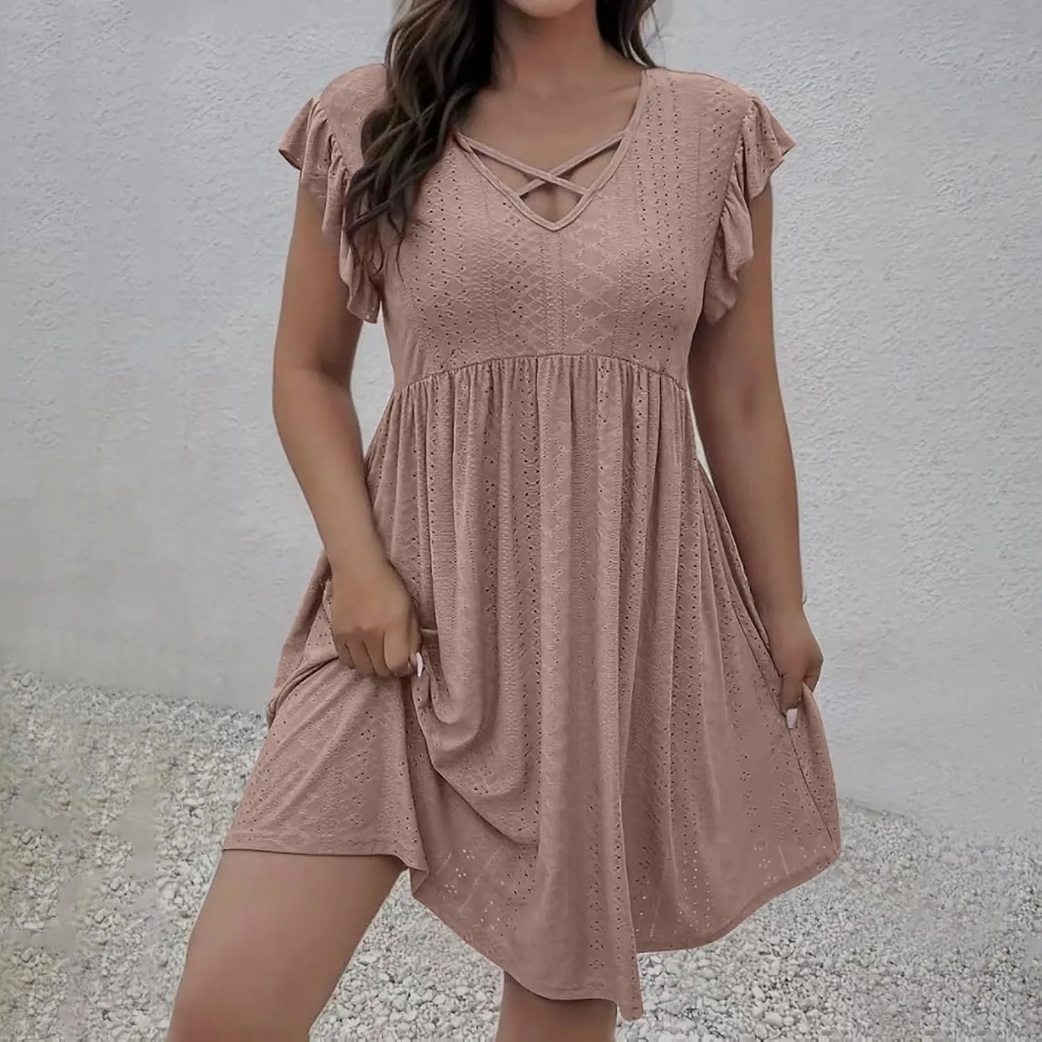 Womens Summer Beach Vacation Dress Ruffle Sleeve Tunic Swing Dresses Solid Color Loose Fit Travel Sundress