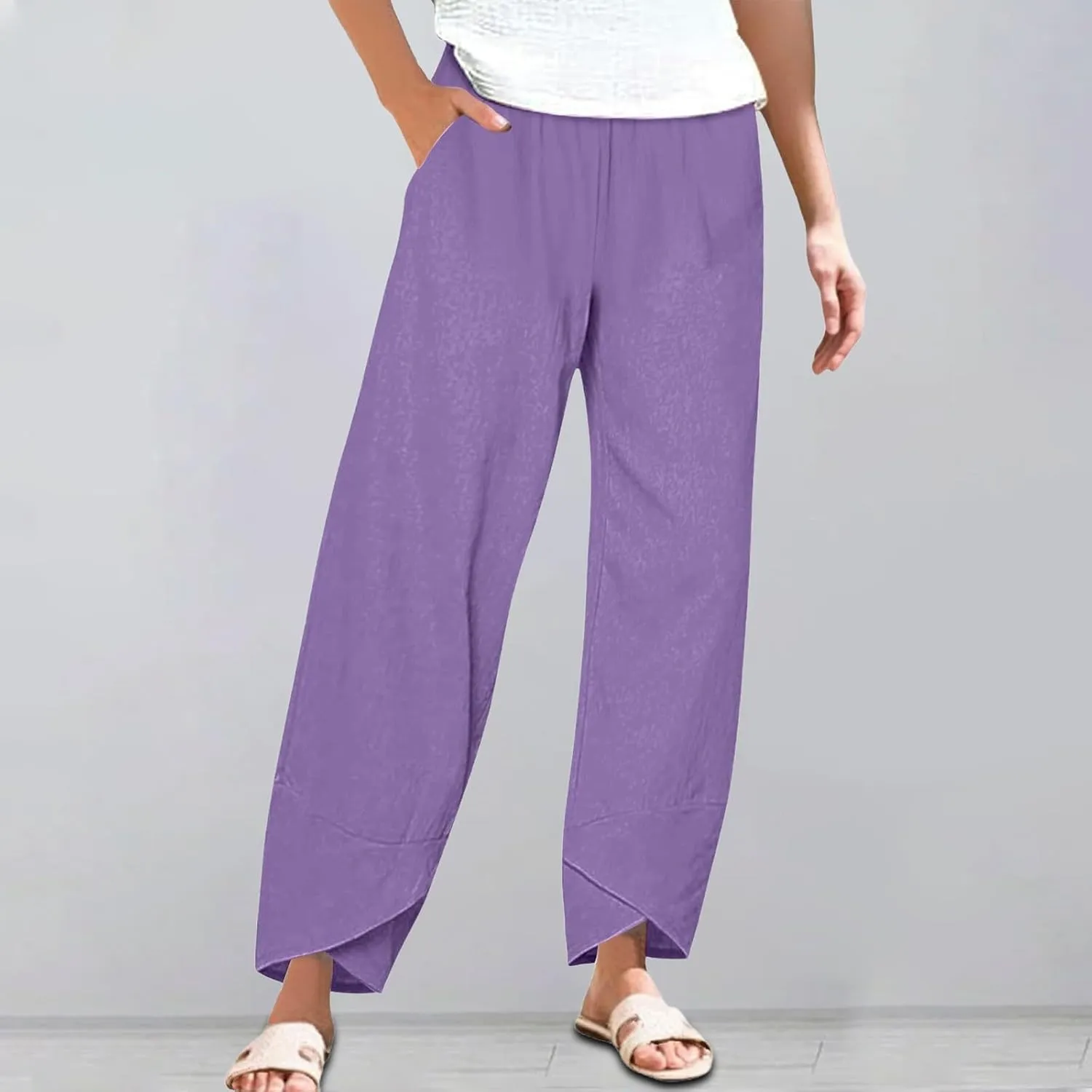 Womens Summer Cotton Linen Pants 2025 Casual Capri Pants with Pockets Cropped High Waisted Comfy Baggy Trousers