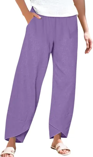 Womens Summer Cotton Linen Pants 2025 Casual Capri Pants with Pockets Cropped High Waisted Comfy Baggy Trousers