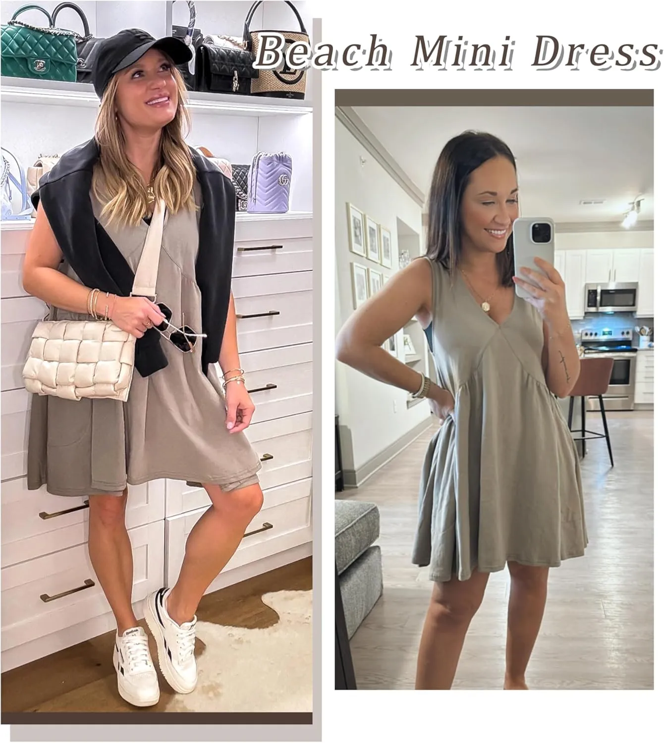 Womens Summer Mini Dress V Neck Sleeveless Tunic Beach Pleated Sundress with Pockets