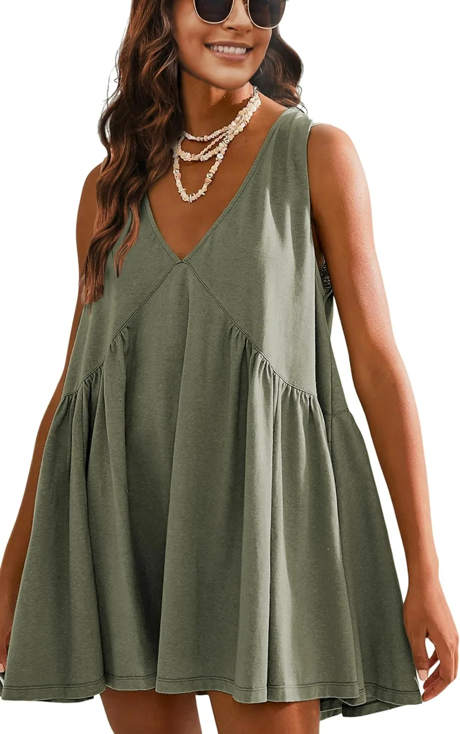 Womens Summer Mini Dress V Neck Sleeveless Tunic Beach Pleated Sundress with Pockets