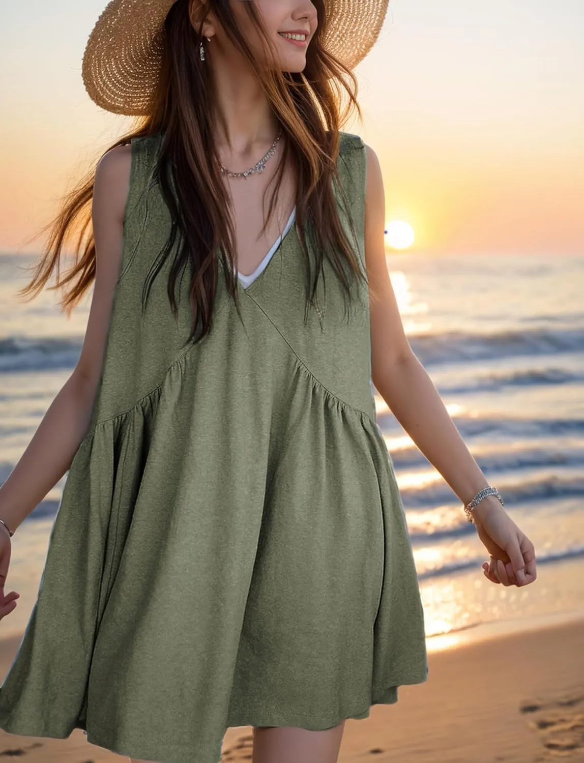 Womens Summer Mini Dress V Neck Sleeveless Tunic Beach Pleated Sundress with Pockets