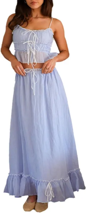 Wuitrie Cute Skirt Sets Women 2 Piece Strap Tank Tops Flowing Maxi Skirt Pleated Going Out Beach Vacation Sets