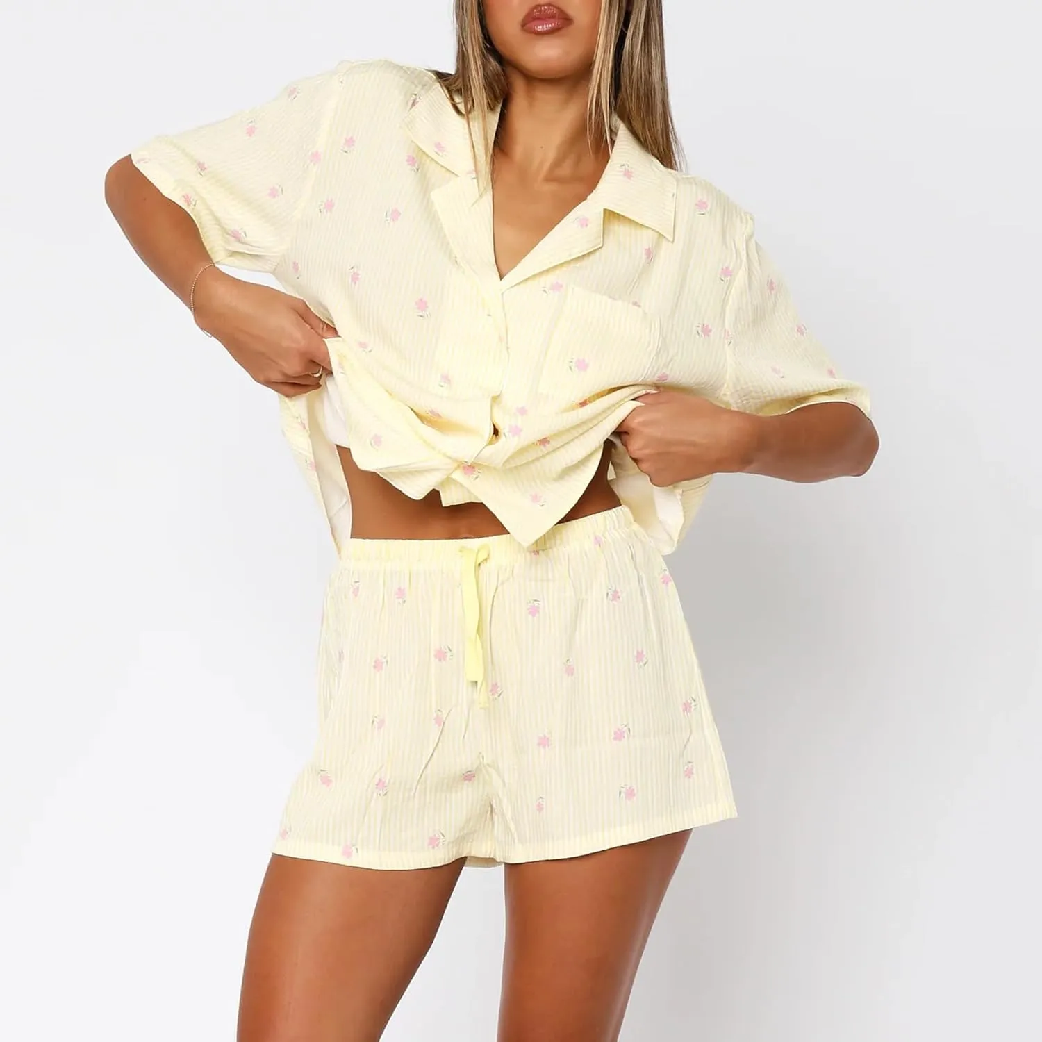 XBTCLXEBCO Women Valentines Pajama Sets Heart Print Short Sleeve Button Down Tops and Shorts 2 Piece Pjs Set Loungewear