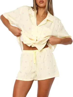 XBTCLXEBCO Women Valentines Pajama Sets Heart Print Short Sleeve Button Down Tops and Shorts 2 Piece Pjs Set Loungewear