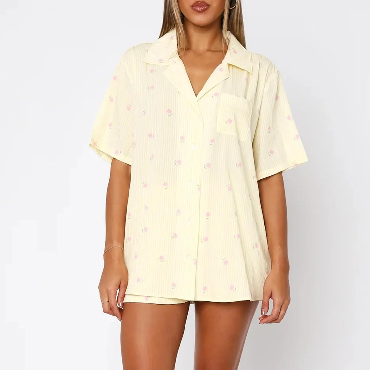 XBTCLXEBCO Women Valentines Pajama Sets Heart Print Short Sleeve Button Down Tops and Shorts 2 Piece Pjs Set Loungewear