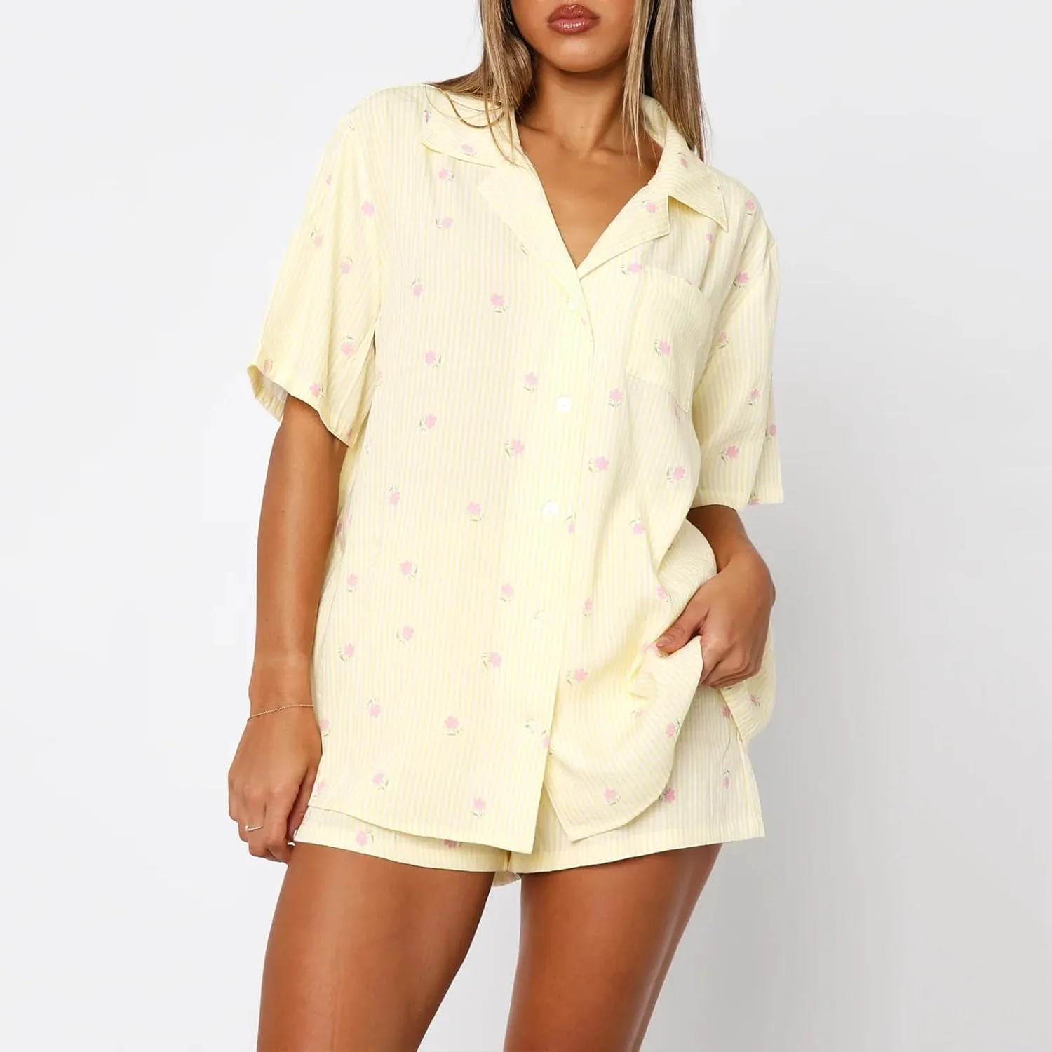 XBTCLXEBCO Women Valentines Pajama Sets Heart Print Short Sleeve Button Down Tops and Shorts 2 Piece Pjs Set Loungewear