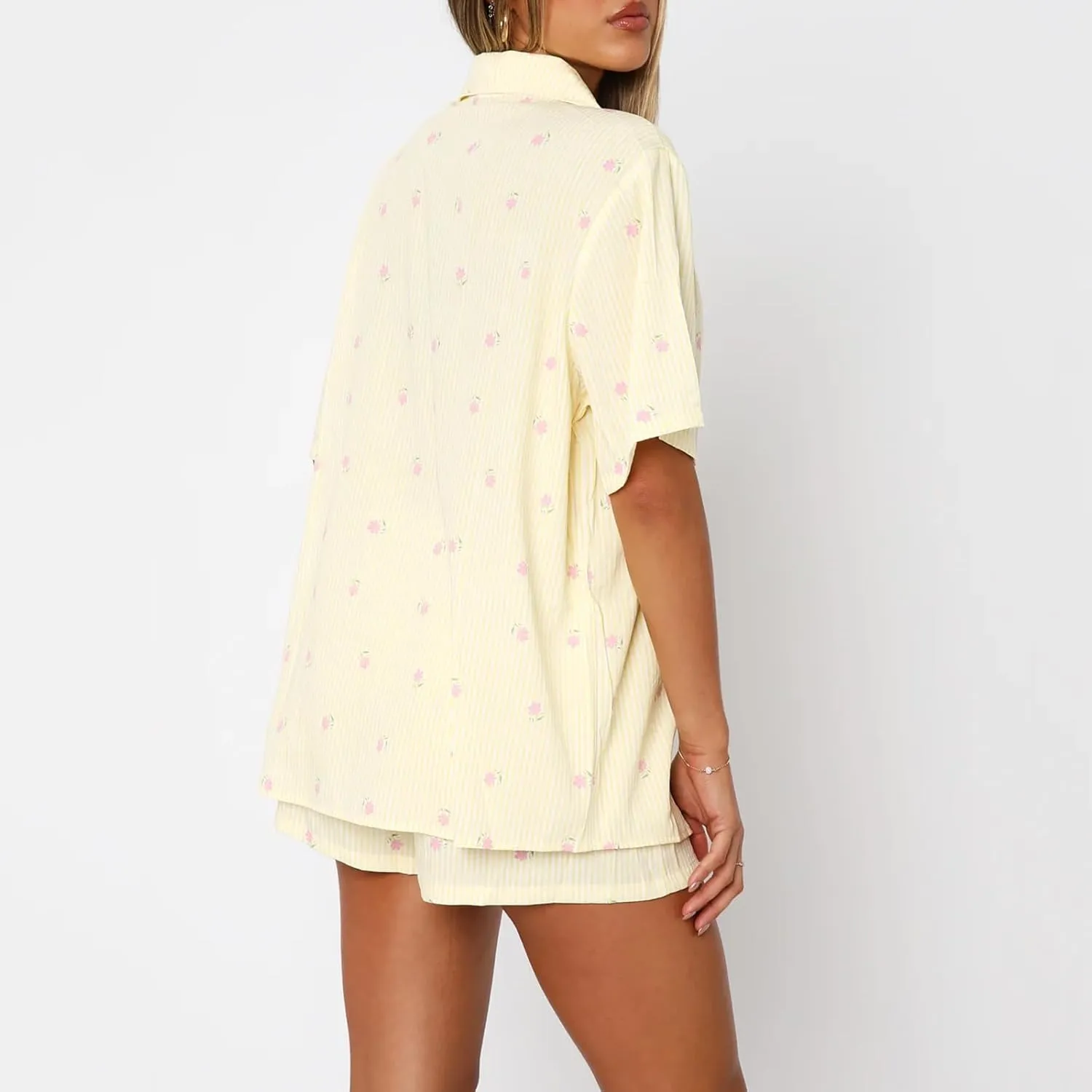 XBTCLXEBCO Women Valentines Pajama Sets Heart Print Short Sleeve Button Down Tops and Shorts 2 Piece Pjs Set Loungewear