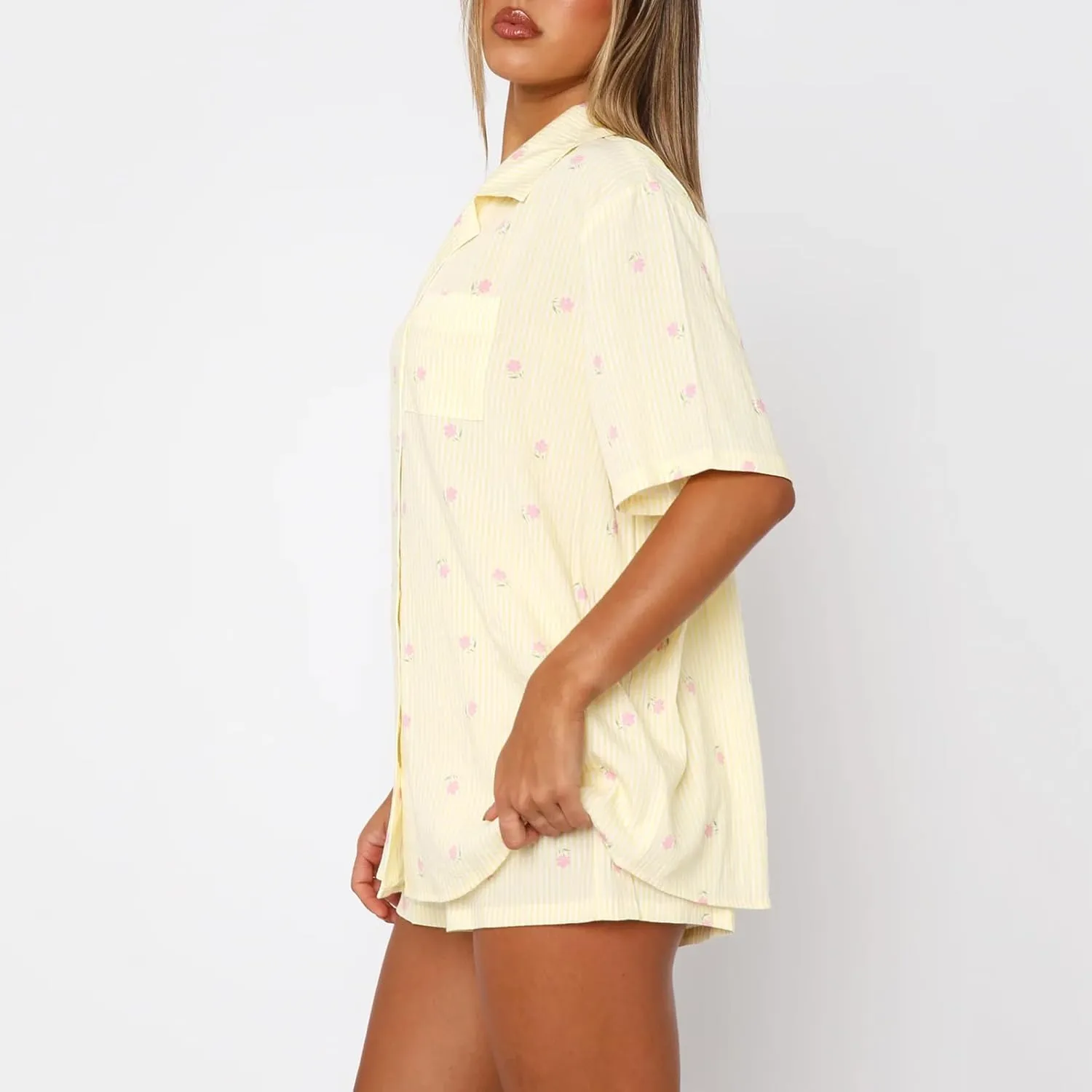 XBTCLXEBCO Women Valentines Pajama Sets Heart Print Short Sleeve Button Down Tops and Shorts 2 Piece Pjs Set Loungewear