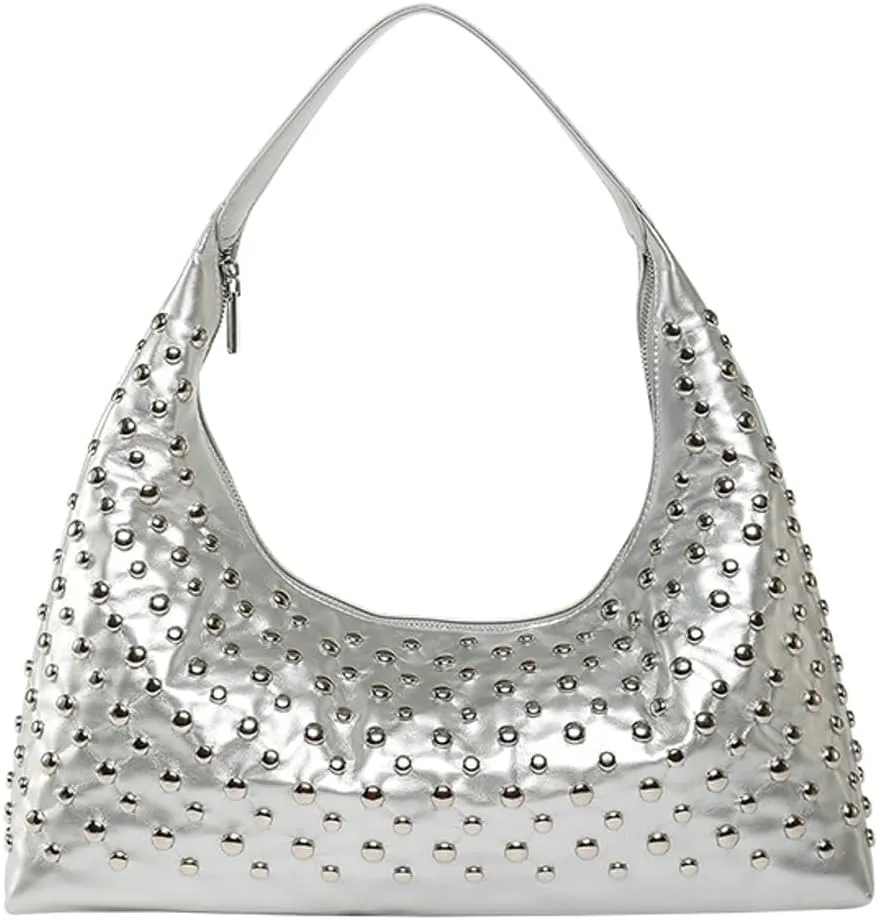 Y2k 90s Studded Hobo Bags Women Punk PU Leather Underarm Crescent Crossbody Purse Trendy Satchels Shoulder Tote Handbag