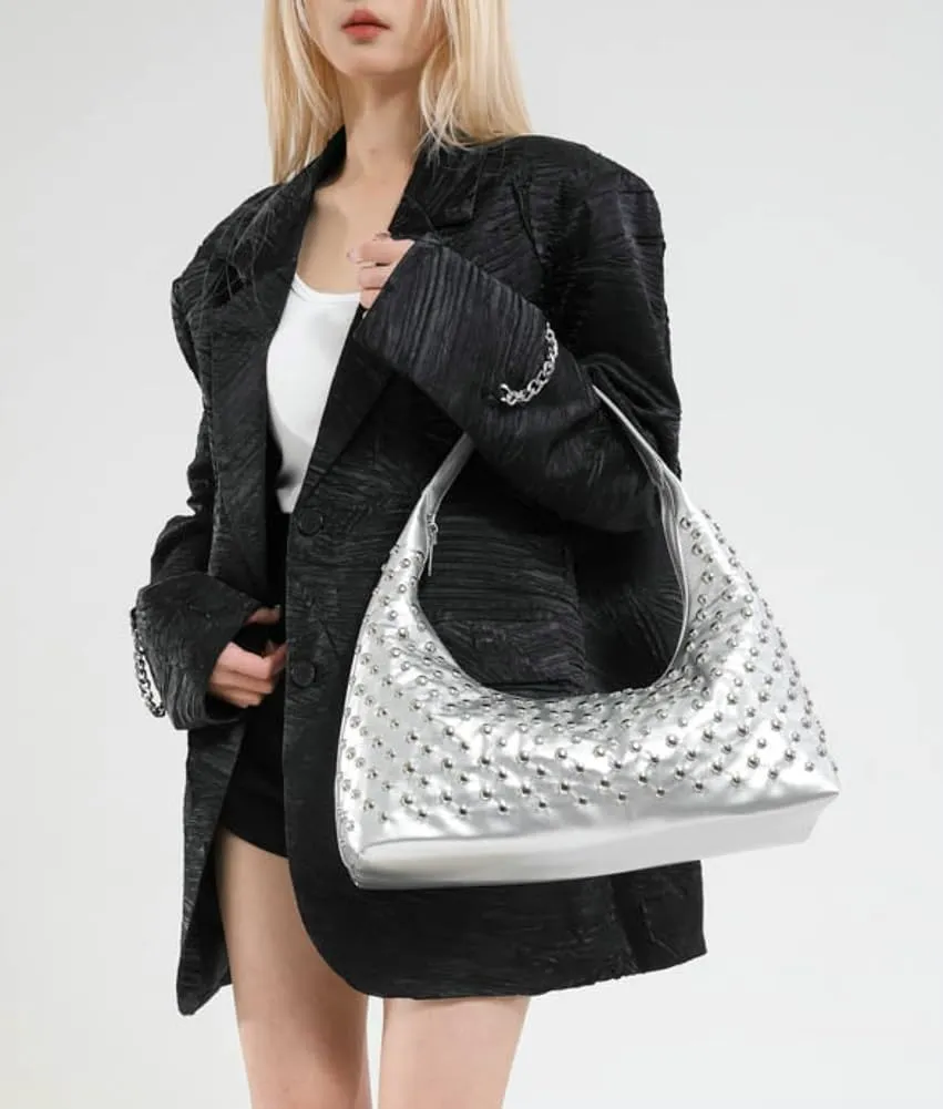 Y2k 90s Studded Hobo Bags Women Punk PU Leather Underarm Crescent Crossbody Purse Trendy Satchels Shoulder Tote Handbag