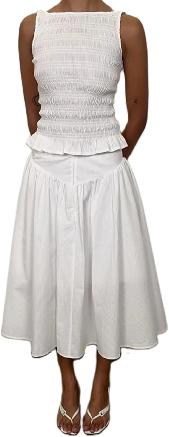 Y2k Maxi Skirt Set for Women Sleeveless Shirred Tank Top A-line Long Pleated Skirt Summer Beach Dress 2 PCS Outfit