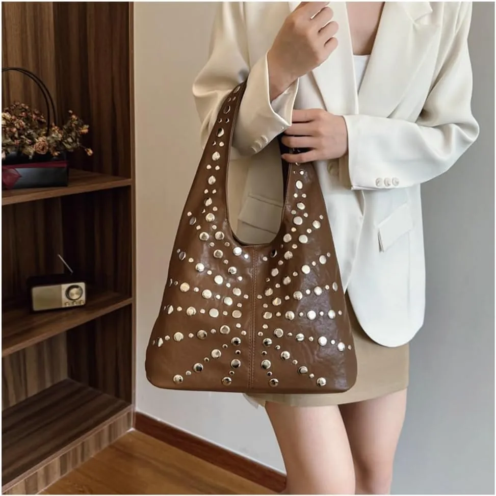 Y2k Studded Crescent Crossbody Purse Women 90s PU Leather Hobo Bags Trendy Shoulder Satchels Punk Underarm Tote Handbag