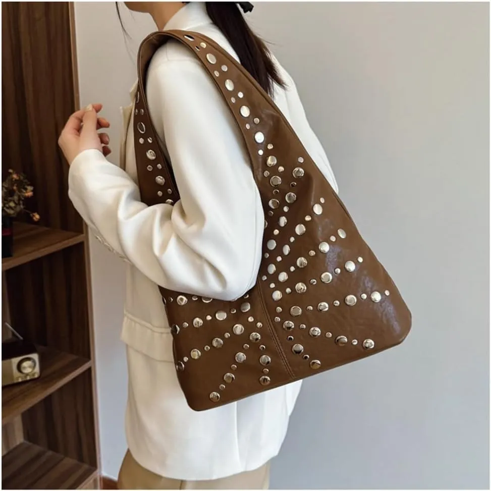 Y2k Studded Crescent Crossbody Purse Women 90s PU Leather Hobo Bags Trendy Shoulder Satchels Punk Underarm Tote Handbag