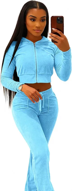 yidengymx Womens Velour Tracksuit Two Piece Outfits for Women Long Sleeve Hooded Zip Crop Tops Flared Pants Set