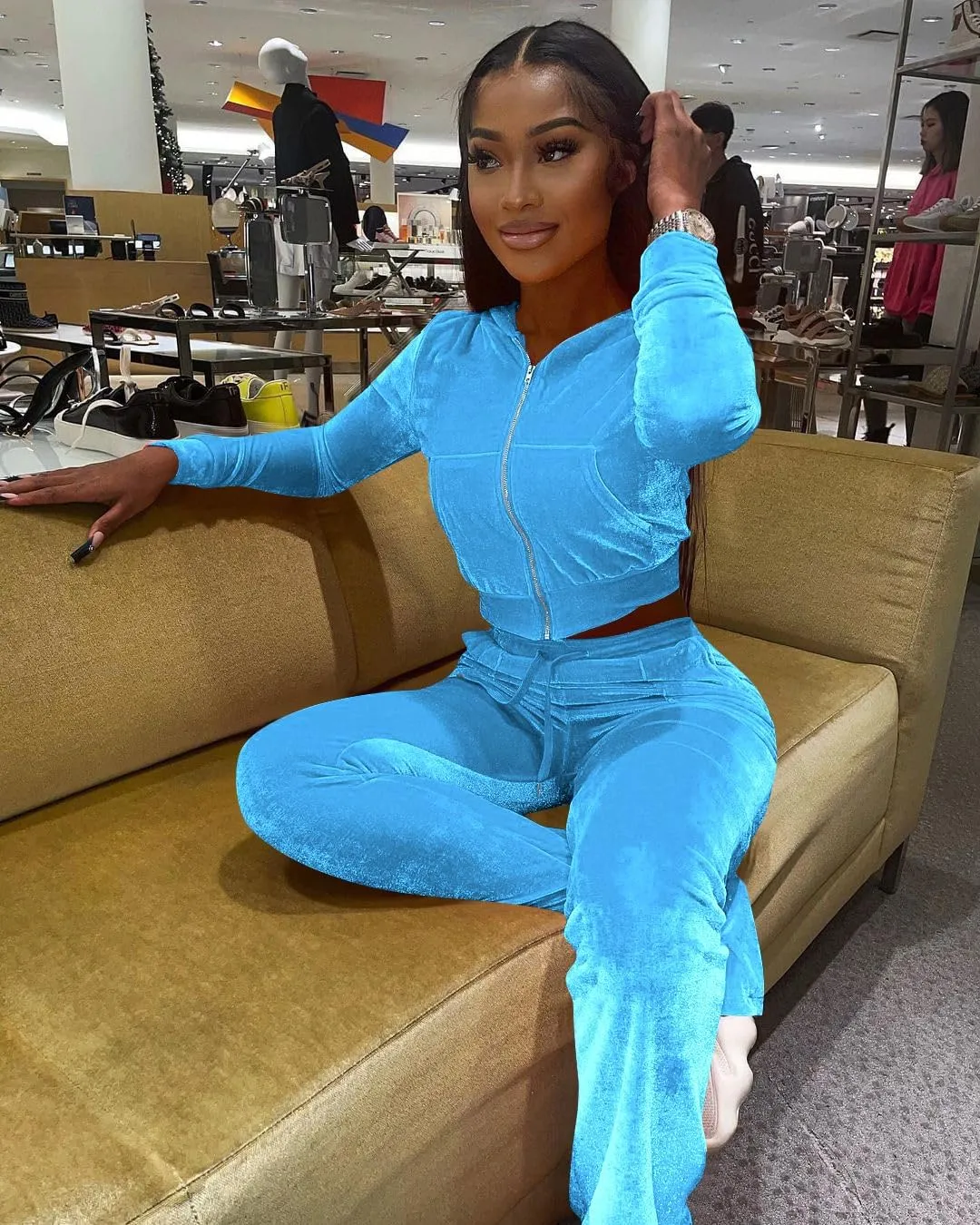 yidengymx Womens Velour Tracksuit Two Piece Outfits for Women Long Sleeve Hooded Zip Crop Tops Flared Pants Set