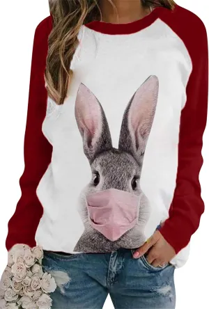 YMING Womens Easter Day Crew Neck Sweatshirt Bunny Printed Long Sleeve Pullover Cute Rabbit Shirt Tops Plus Size