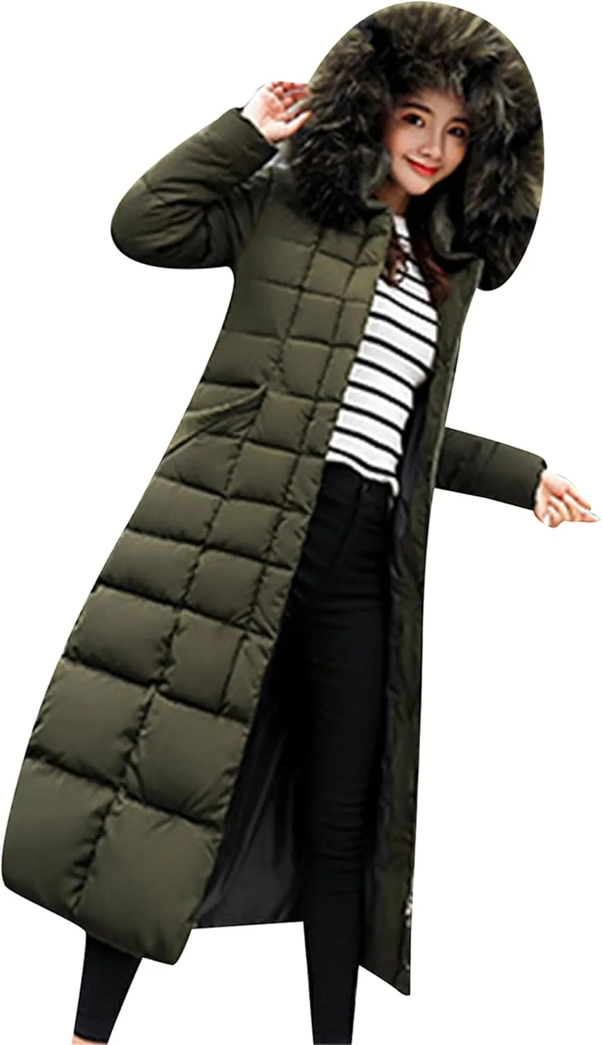 YMING Women's Winter Long Down Coat Pockets Maxi Down Parka Warm Puffer Jacket with Faux Fur Hood