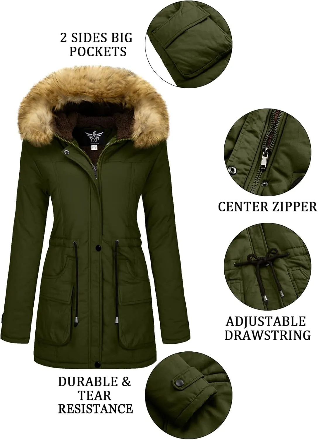 YXP Women's Winter Thicken Military Parka Jacket Warm Fleece Cotton Coat with Fur Hood