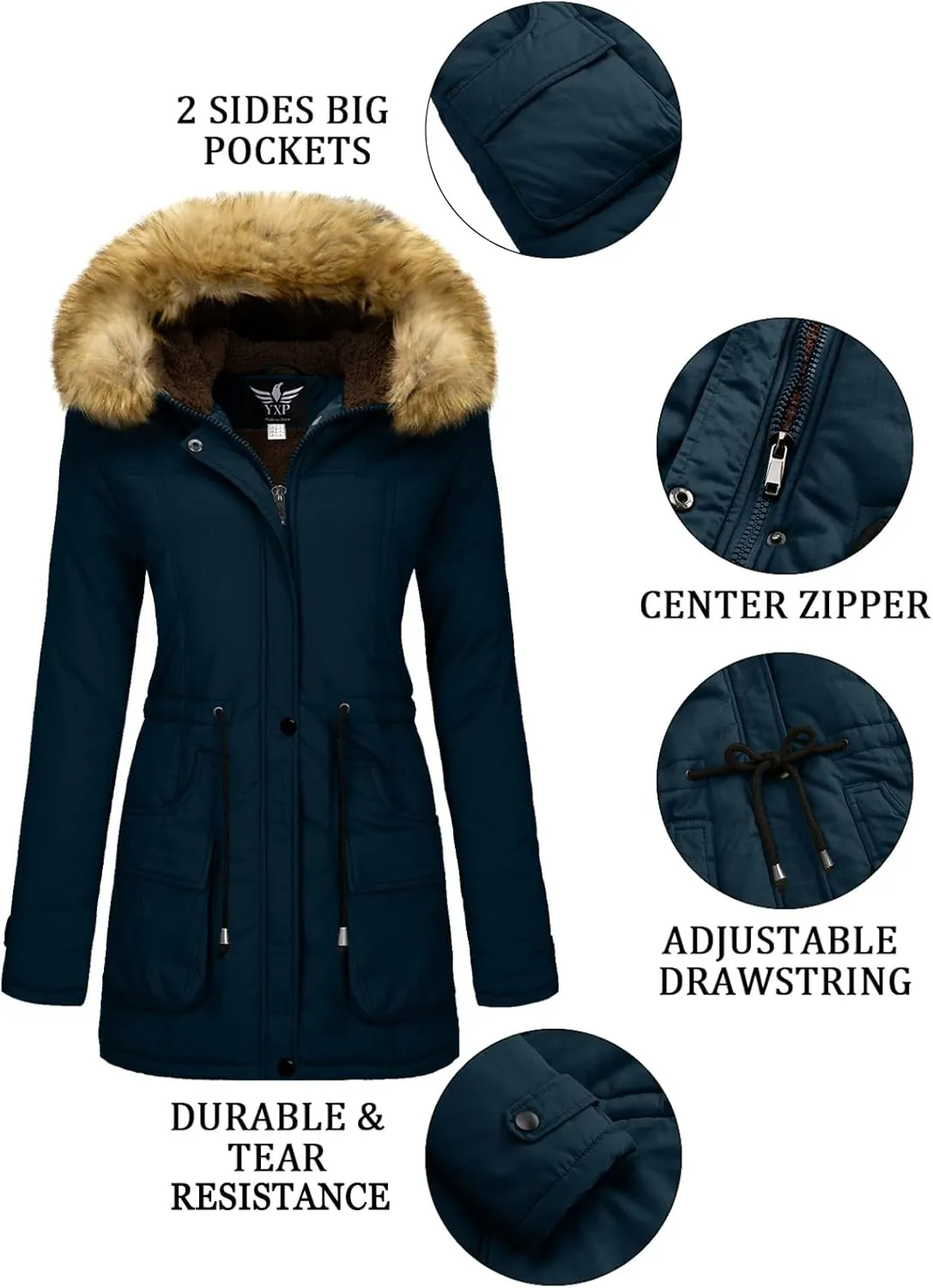 YXP Women's Winter Thicken Military Parka Jacket Warm Fleece Cotton Coat with Fur Hood