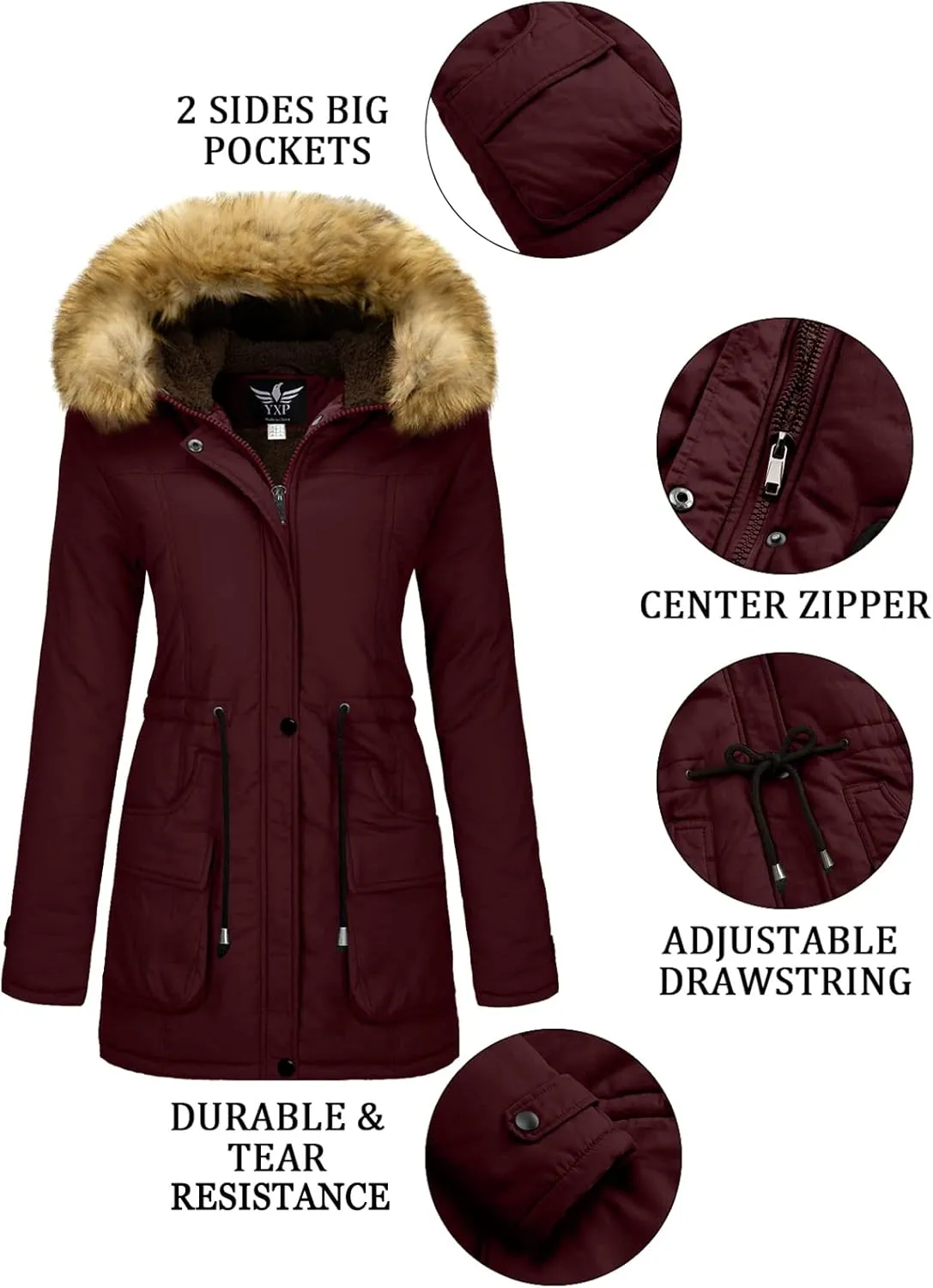 YXP Women's Winter Thicken Military Parka Jacket Warm Fleece Cotton Coat with Fur Hood