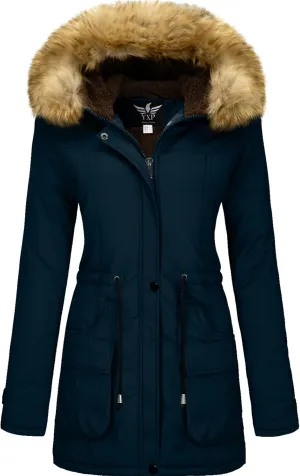 YXP Women's Winter Thicken Military Parka Jacket Warm Fleece Cotton Coat with Fur Hood