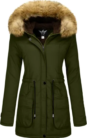 YXP Women's Winter Thicken Military Parka Jacket Warm Fleece Cotton Coat with Fur Hood