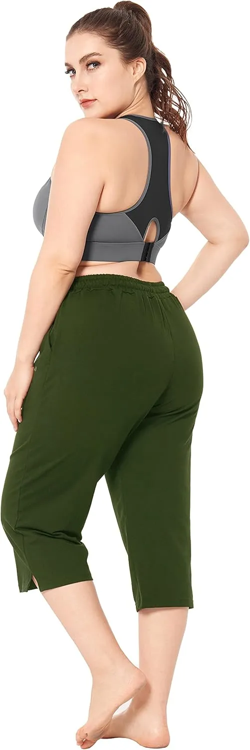 ZERDOCEAN Women's Plus Size Active Yoga Lounge Indoor Jersey Capri Walking Crop Pants with Pockets Drawstring