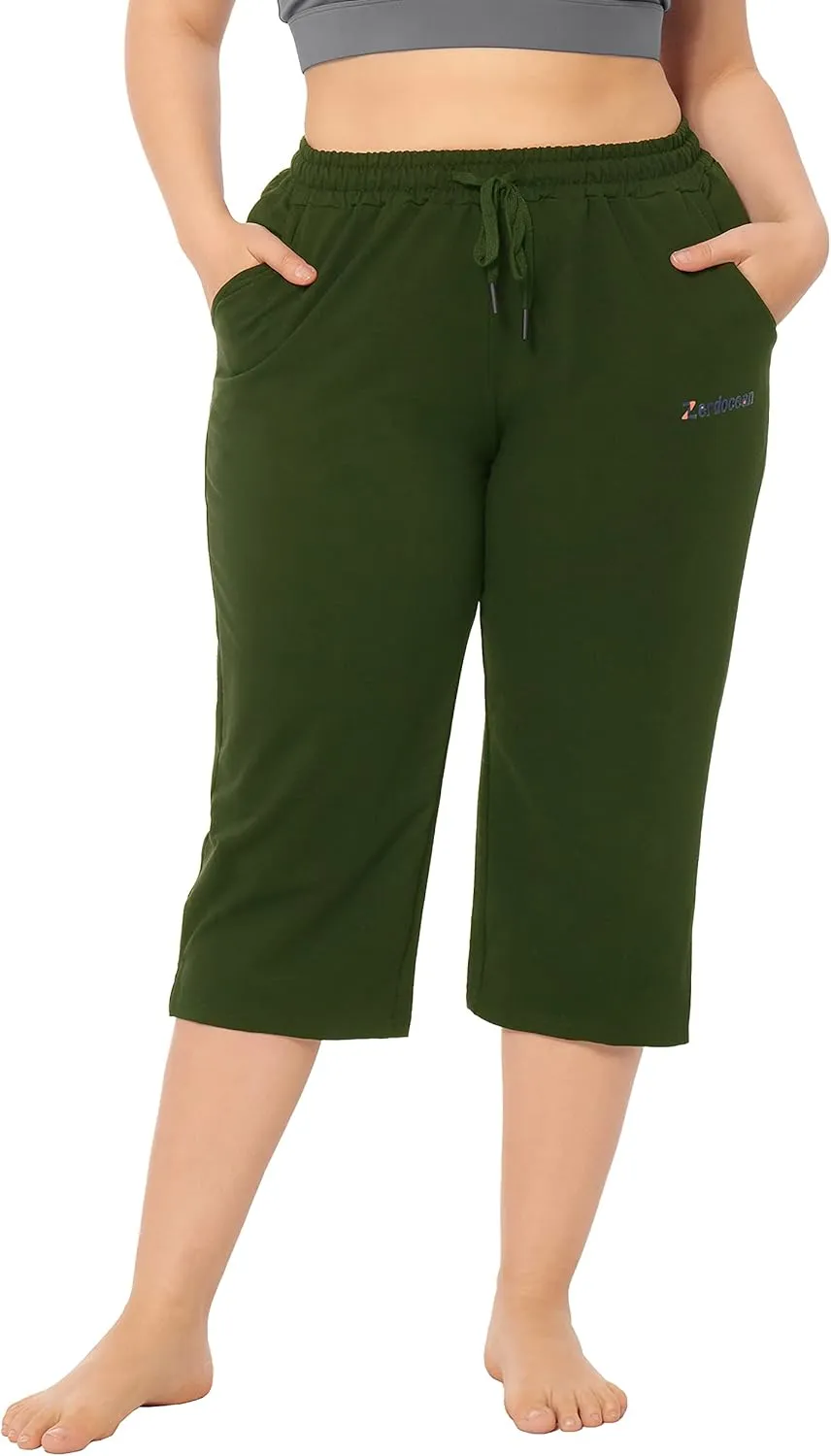 ZERDOCEAN Women's Plus Size Active Yoga Lounge Indoor Jersey Capri Walking Crop Pants with Pockets Drawstring