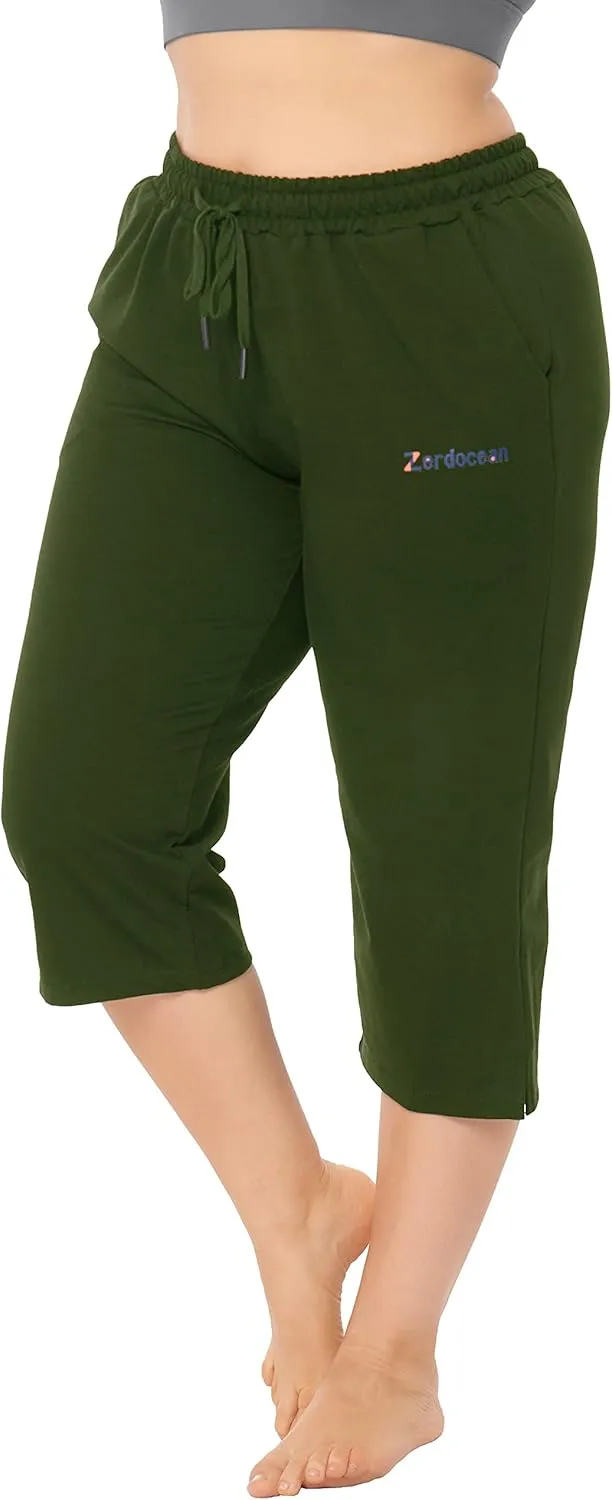 ZERDOCEAN Women's Plus Size Active Yoga Lounge Indoor Jersey Capri Walking Crop Pants with Pockets Drawstring