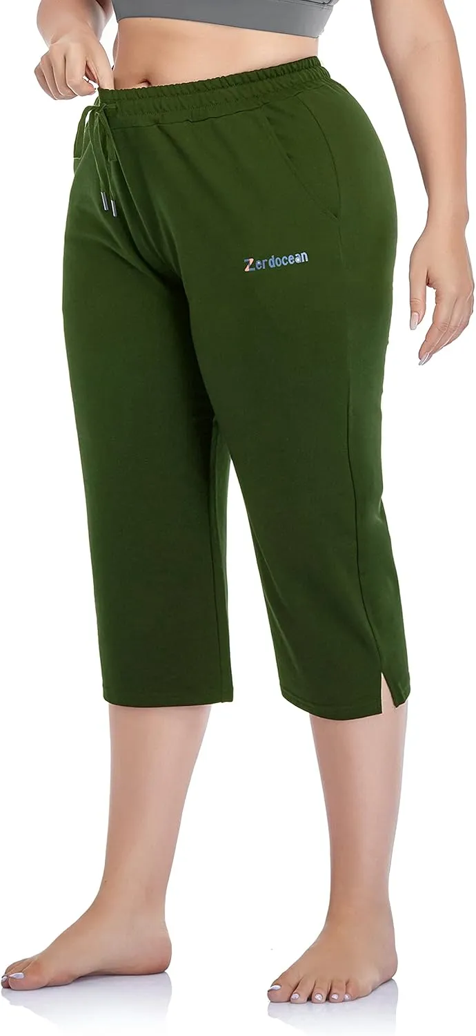 ZERDOCEAN Women's Plus Size Active Yoga Lounge Indoor Jersey Capri Walking Crop Pants with Pockets Drawstring