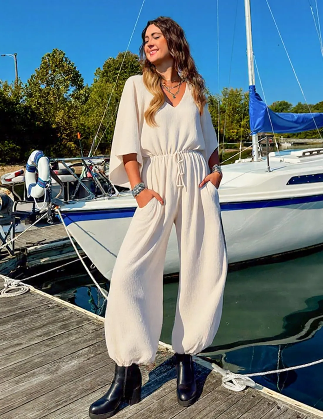 ZESICA One Piece Jumpsuits for Women Summer Casual Short Sleeve V Neck Overalls Drawstring Waist Romper with Pockets