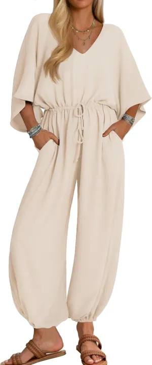 ZESICA One Piece Jumpsuits for Women Summer Casual Short Sleeve V Neck Overalls Drawstring Waist Romper with Pockets