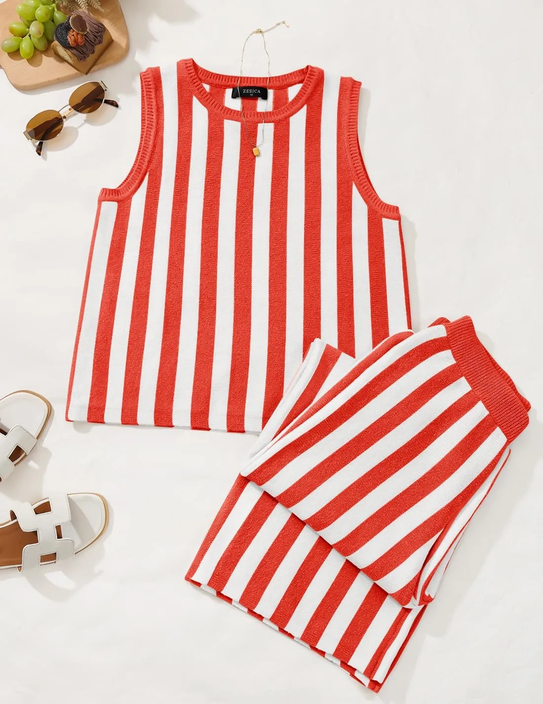 ZESICA Women's Summer Two Piece Outfits Crop Tank Tops and Wide Leg Pants Striped Lounge Travel Sets Casual Tracksuits