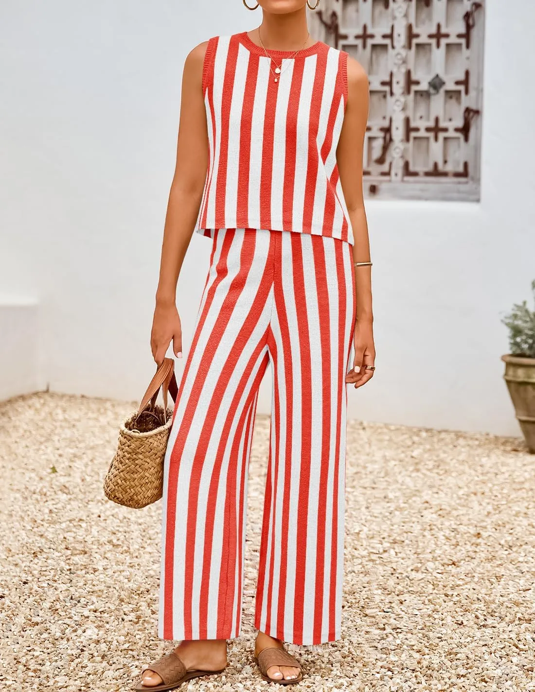 ZESICA Women's Summer Two Piece Outfits Crop Tank Tops and Wide Leg Pants Striped Lounge Travel Sets Casual Tracksuits