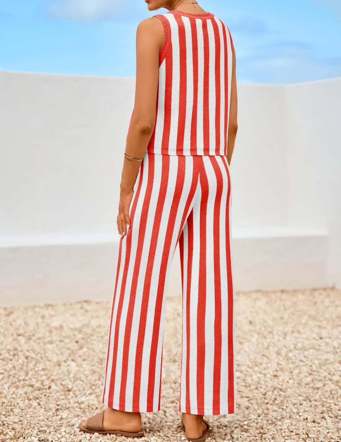ZESICA Women's Summer Two Piece Outfits Crop Tank Tops and Wide Leg Pants Striped Lounge Travel Sets Casual Tracksuits