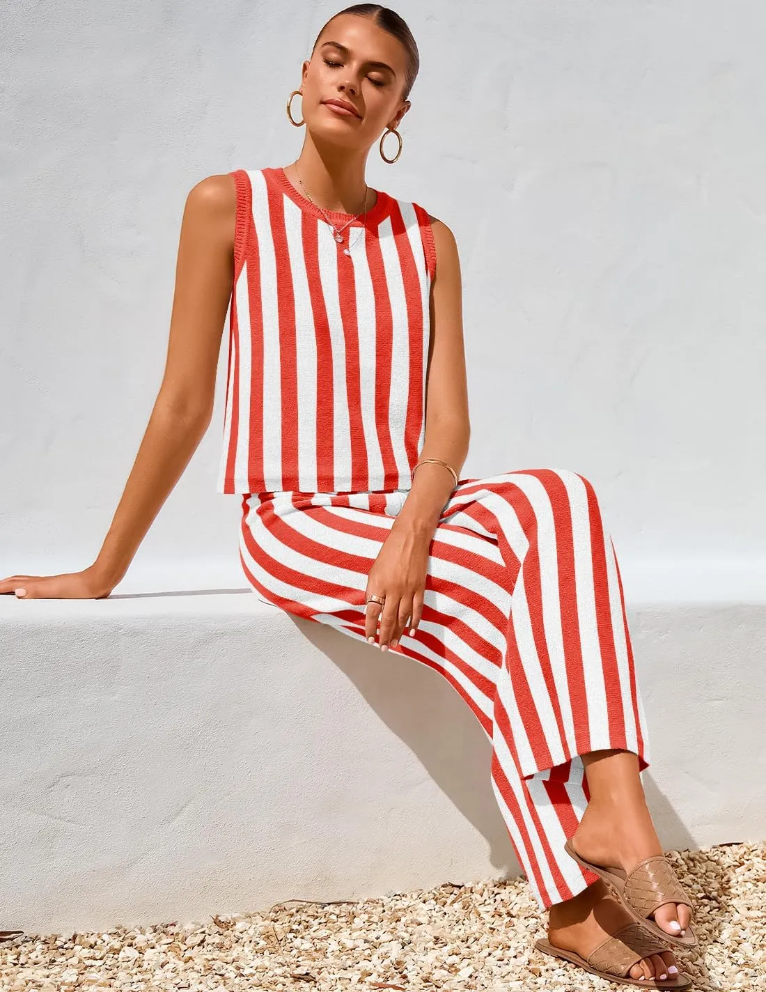 ZESICA Women's Summer Two Piece Outfits Crop Tank Tops and Wide Leg Pants Striped Lounge Travel Sets Casual Tracksuits