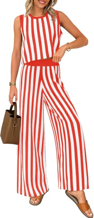ZESICA Women's Summer Two Piece Outfits Crop Tank Tops and Wide Leg Pants Striped Lounge Travel Sets Casual Tracksuits
